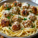 Creamy Parmesan Linguine with Garlic Butter Meatballs - Recipe Image