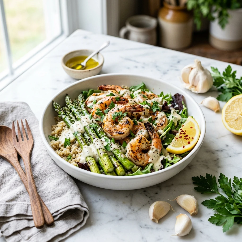 Grilled Shrimp Bowl with Asparagus & Creamy Garlic Sauce - Recipe Image