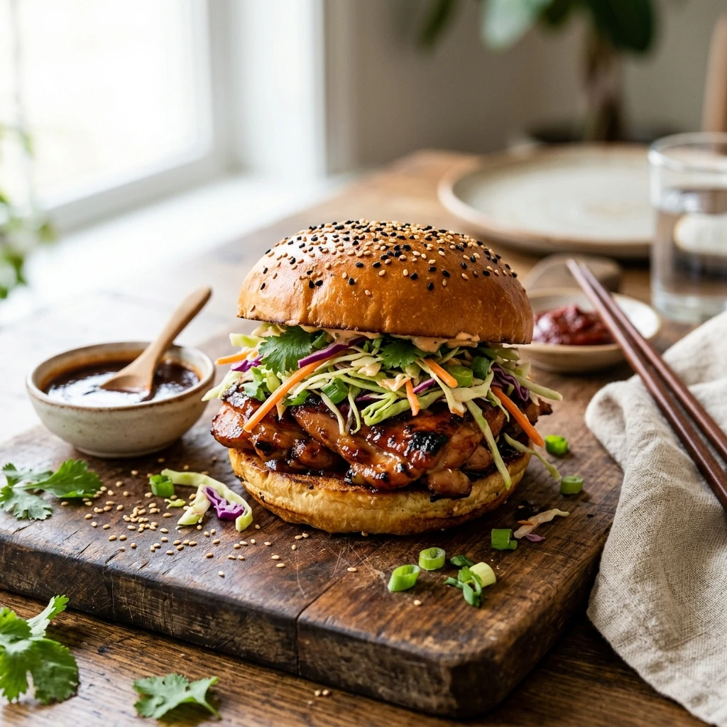 Korean BBQ Chicken Sandwich with Crunchy Cabbage Slaw - Recipe Image