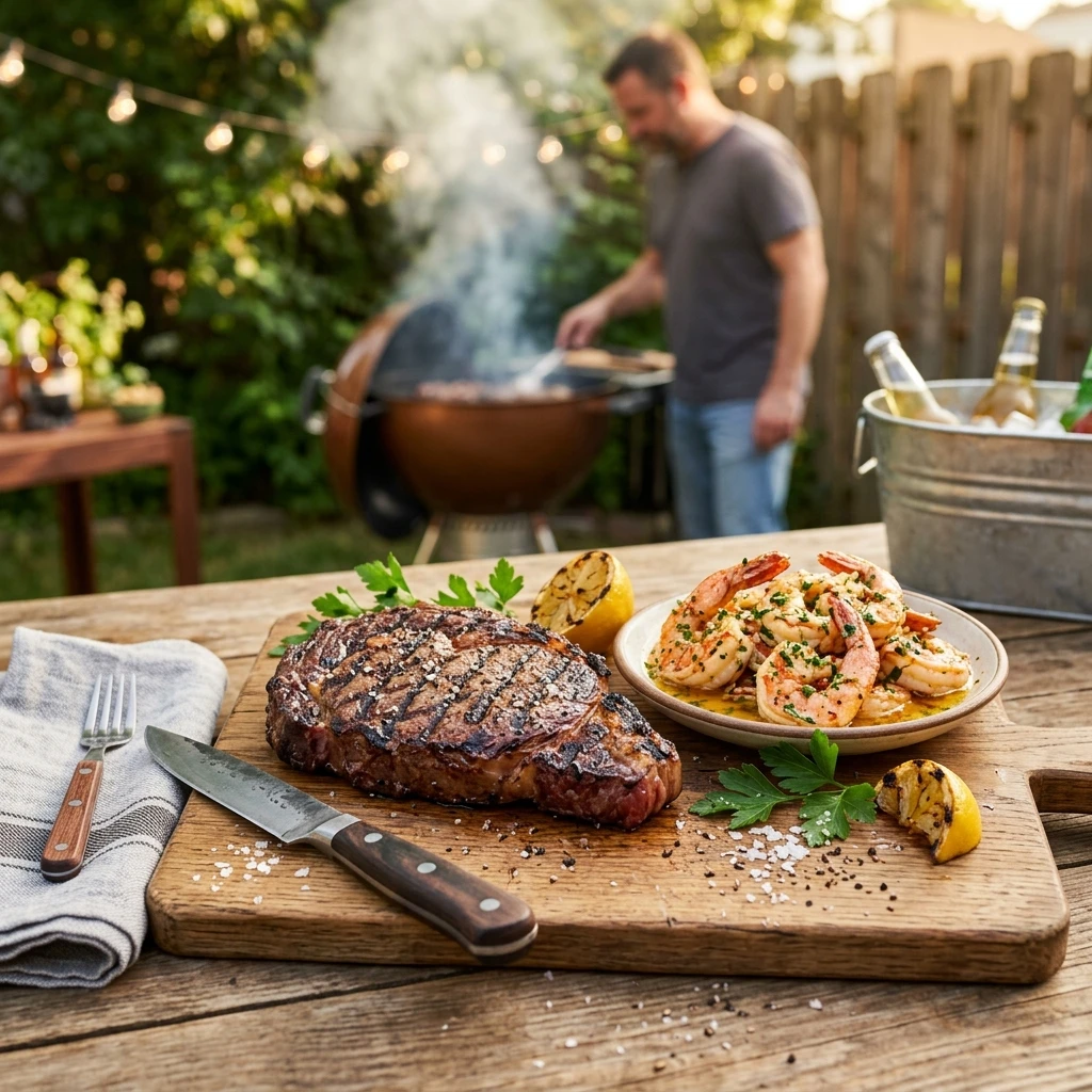 Father's Day Surf and Turf Steak Dinner with Garlic Butter Shrimp Everyone Will Love - Recipe Image
