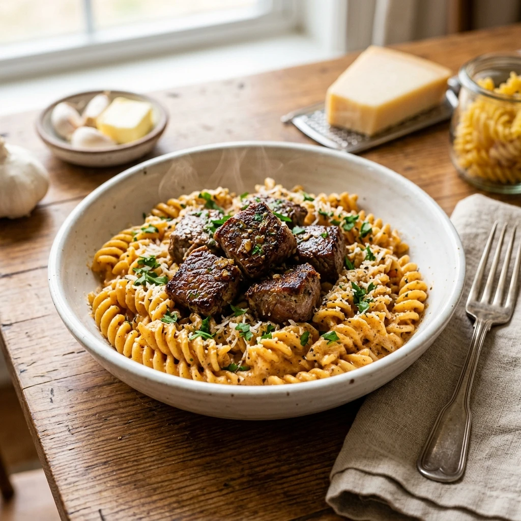 Creamy Garlic Butter Steak Bites with Spicy Cajun Alfredo Twisted Pasta - Recipe Image
